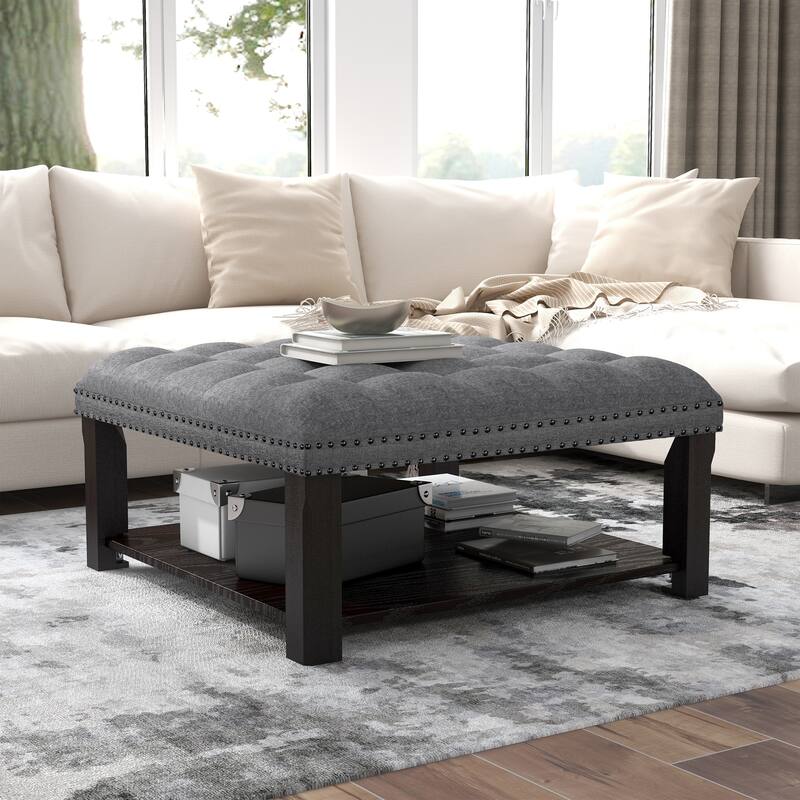 Transitional Linen Tufted Nailheads Cocktail Ottoman with Storage by Furniture of America - Grey