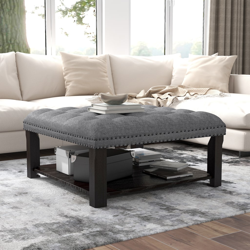 Transitional Linen Tufted Nailheads Cocktail Ottoman with Storage by Furniture of America