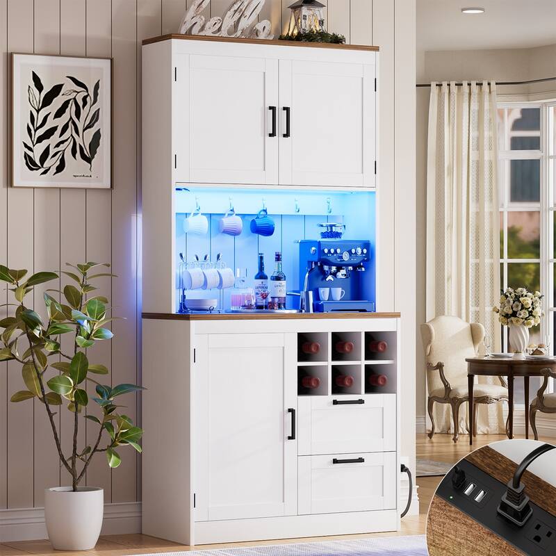 Farmhouse 72" Tall Kitchen Pantry Cabinet with Charging Station, Coffee Bar Cabinet with Hutch and LED Light - 31.5-In - White
