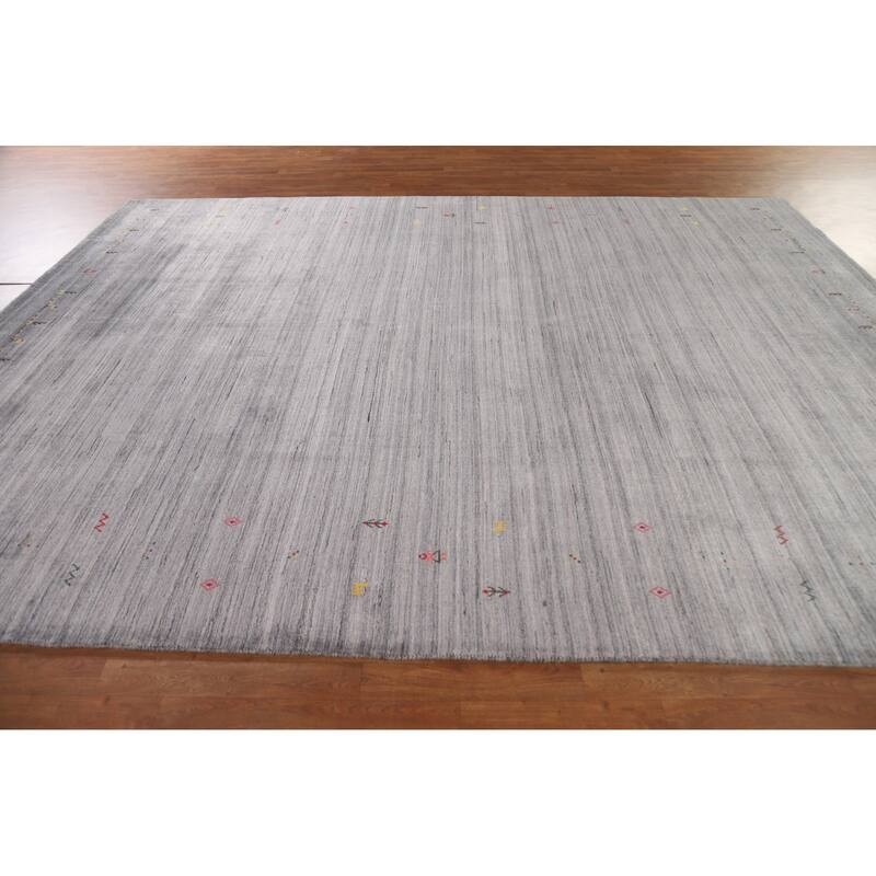 Striped Gabbeh Indian Area Rug Hand-Knotted Grey Wool Carpet - 9'0"x 11'8"