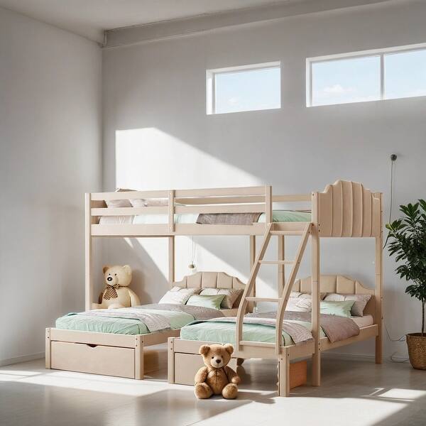 slide 2 of 18, Full Over Twin & Twin Bunk Bed Velvet Triple Bunk Bed with Drawers and Guardrails, Beige