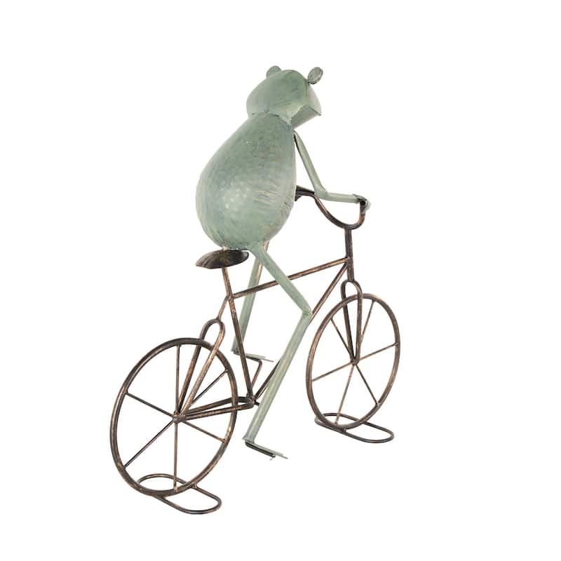 Metal Frog On Bicycle Garden Sculpture with Gold Accents - Green or Copper - Roche River Decor