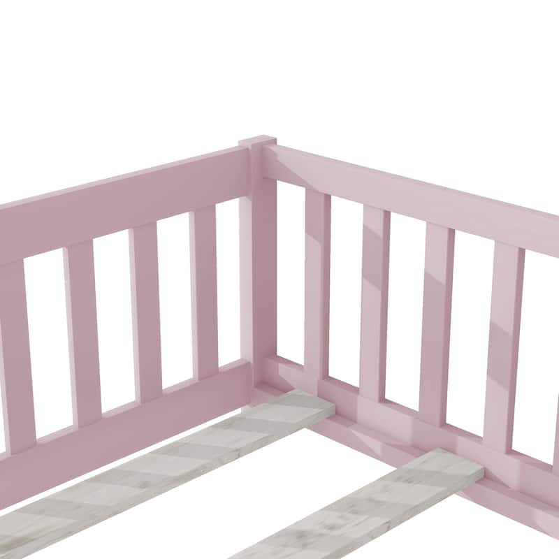 Twin Size Rubber Wood Floor Panel Bed with Safety Fence and Door