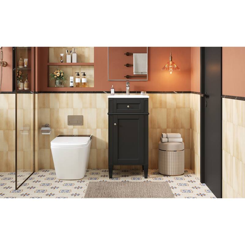 16" Bathroom Vanity with Ceramic Sink, Freestanding Single Vanity Set with Soft Closing Door, Adjustable Shelf, French Style
