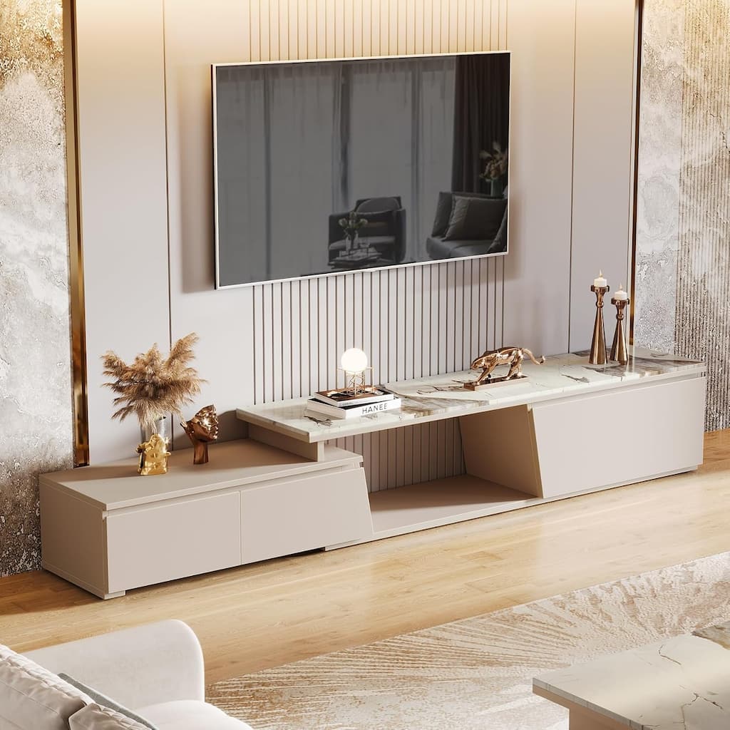 70.9" W - 105" W Extendable TV Stand, Extra Long Modern Entertainment Center with 3 Drawers