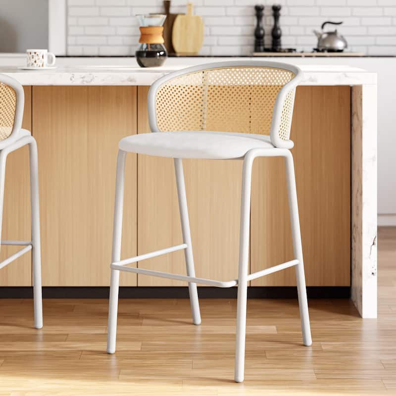 Ervilla Mid-Century Modern Low-Back Wicker Bar Stool with Soft Fabric Seat and White Powder-Coated Steel Frame, Counter Chair
