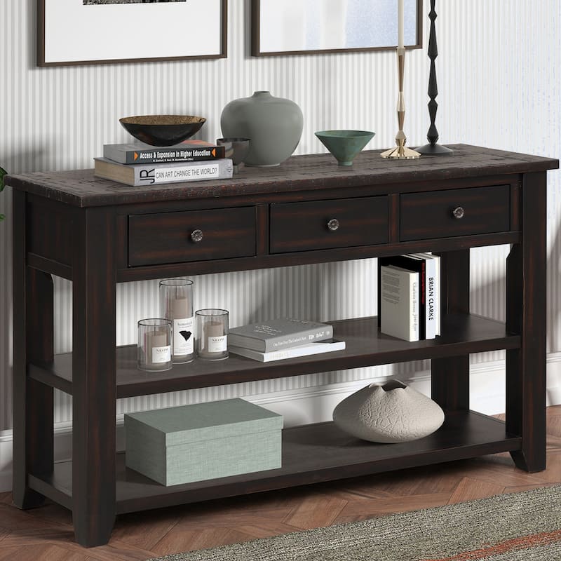 Modern Solid Pine Wood Top Console Table with Drawers and Shelves