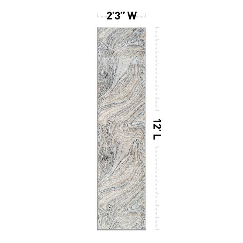 Marble Swirl Distressed Area Rug - Low-Pile Rug for Living Room, Bedroom - Polypropylene/Polyester with Jute Backing
