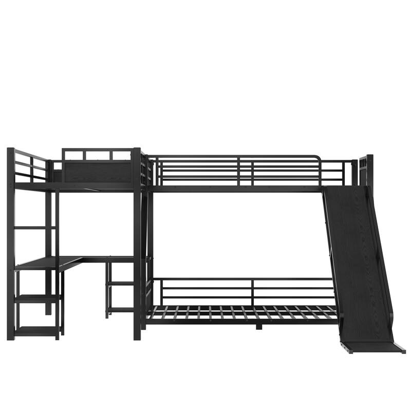 L-Shaped Metal Bunk Bed (Top Bed: Twin, Bottom Bed: Full ) with Single Loft Bed, Desk, and Storage Shelves USB Charging Port