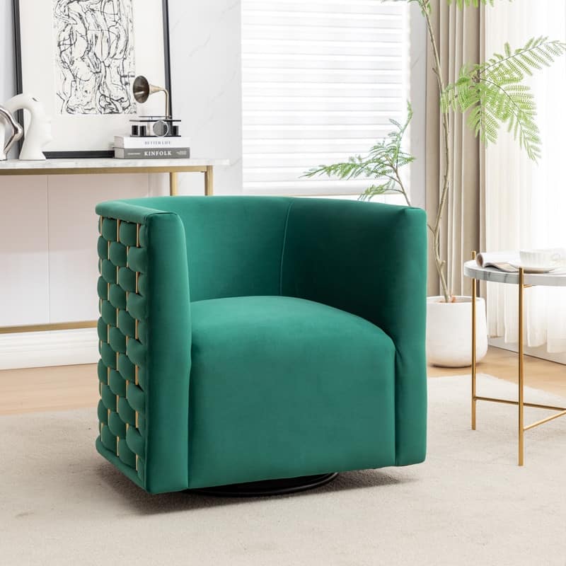 Modern Glam Velvet Upholstered 360 Degree Swivel Barrel Chair - Green