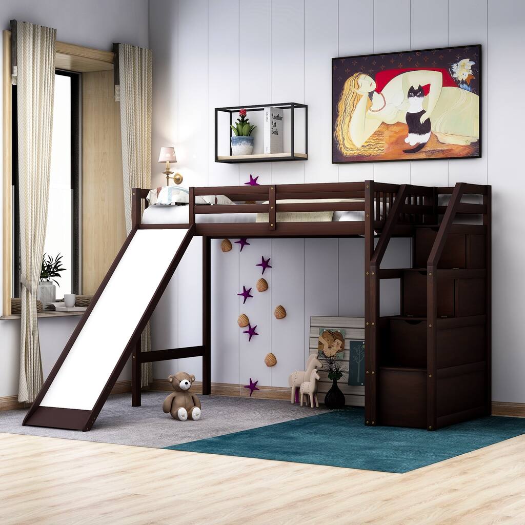 Wood Storage Loft Bed with Storage & Slide, Ladder with Handrails, Twin Size Loft Bed Frame with High Guardrail