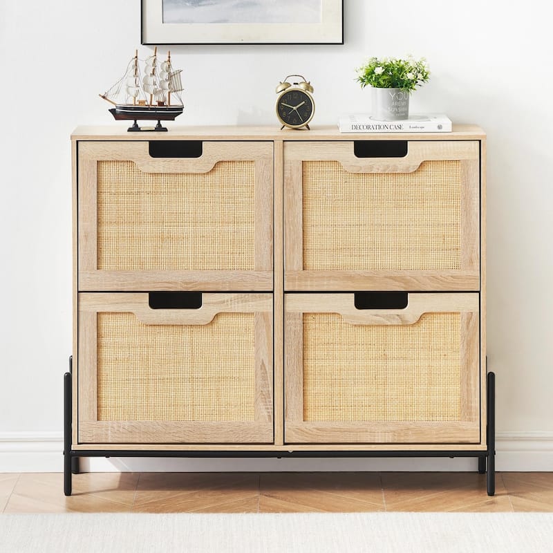 Natural Rattan 4 Flip Door Shoe Cabinet Organizer Freestanding, Modern Shoe Rack Storage Organizer - 39.4x9.4x34.6in - Natural