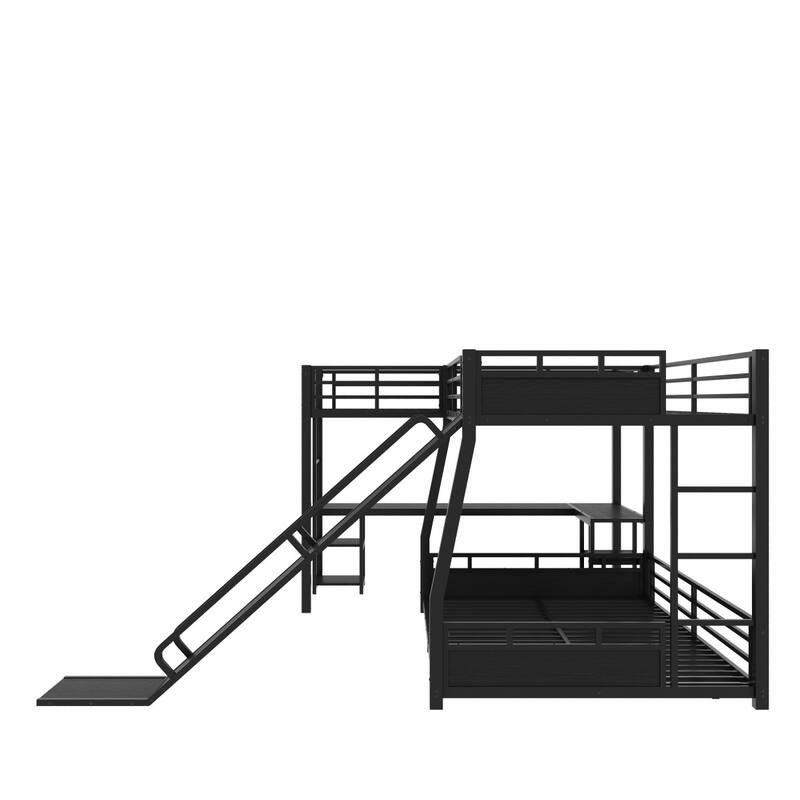 L-Shaped Metal Bunk Bed and Loft Bed with Desk, Storage Shelves and Slide