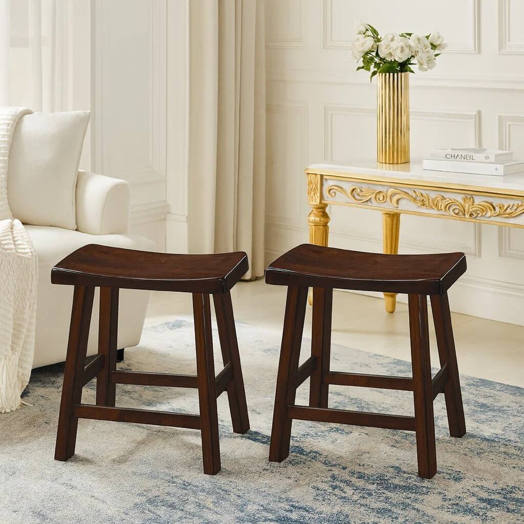 Wooden 18" Counter Height Stool with Saddle Seat, Distressed Cherry, Set Of 2