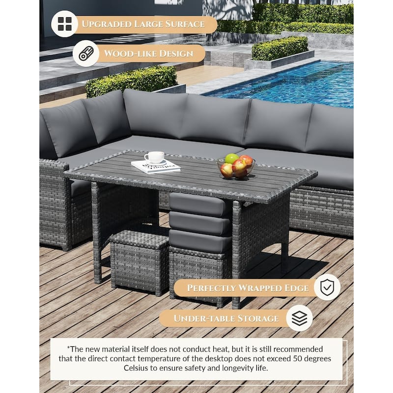 AECOJOY 7-Piece Outdoor Patio Wicker Sectional Sofa with Dining Table