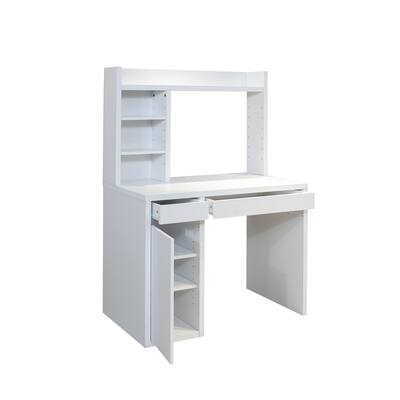 White Computer Desk w/ Storage Cabinet, Drawers, and Shelves.