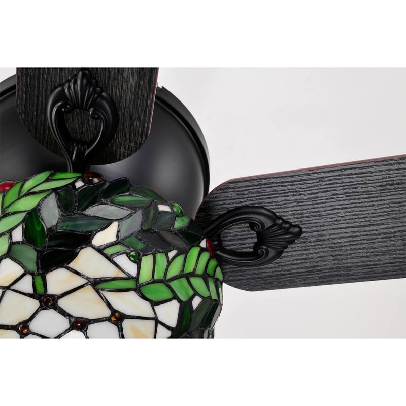 Kyemon 52-Inch Flushmount Lighted Ceiling Fan White Green Fronds Tiffany Glass Lamp Black Finish