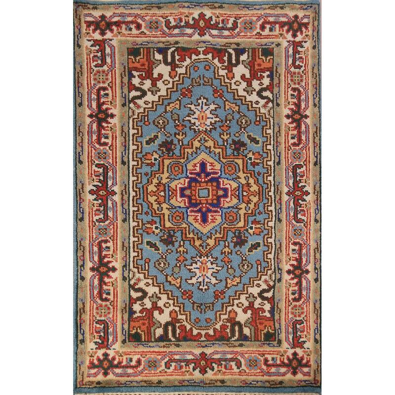 Light Blue Heriz Serapi Indian Rug Hand-Knotted Wool Carpet - 2'11"x 5'2"