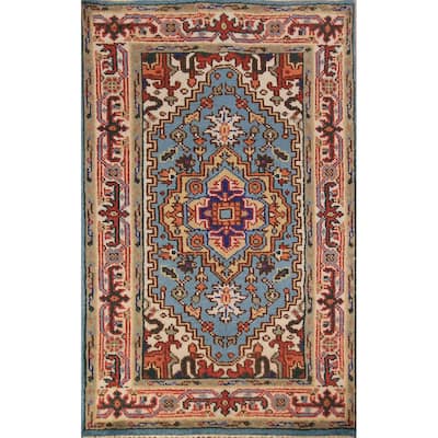 Light Blue Heriz Serapi Indian Rug Hand-Knotted Wool Carpet - 2'11"x 5'2"