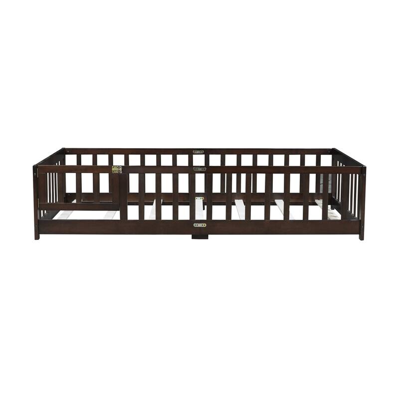 Floor Bed with Fence,Door and Safety Guardrails,Perfect for Kids' Play,Sleep and Development - Espresso-Twin Size