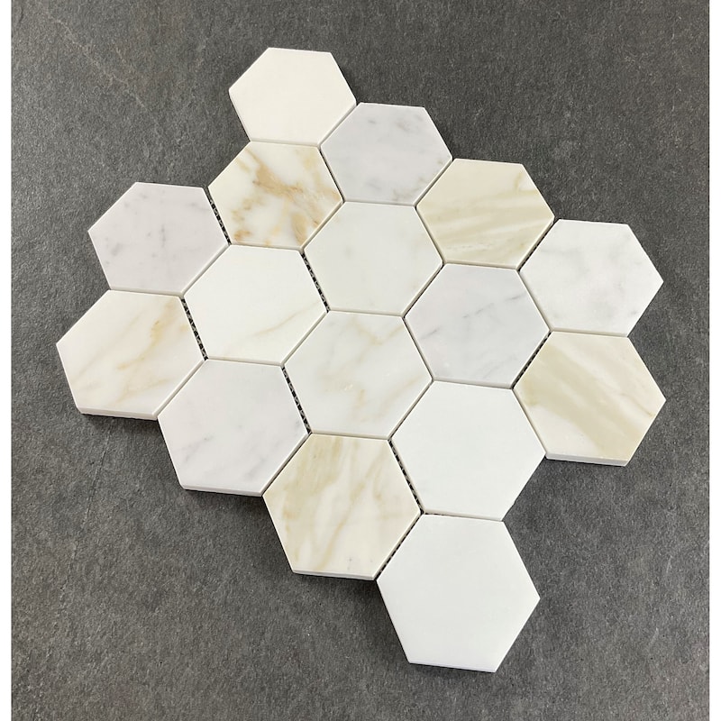 Calacatta Gold 3" Hexagon Marble Wall and Floor Mosaic - Case (5 sheets)