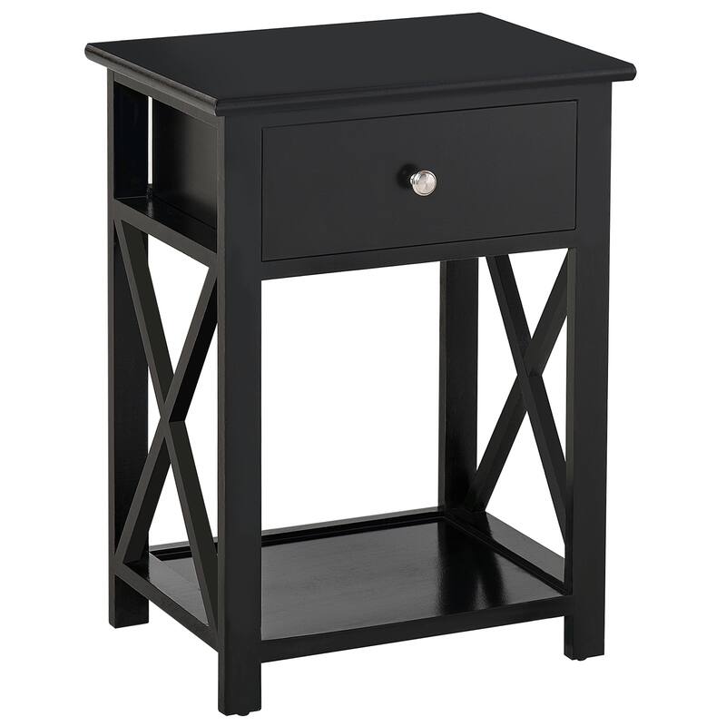 Side Table, Farmhouse End Table with Storage Drawer, Open Shelf and X-frame, Bedside Table for Living Room, Black - Black