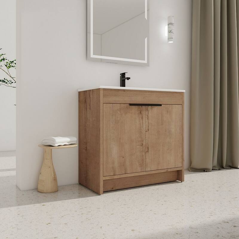 24", 30", 36" Freestanding Bathroom Vanity with White Ceramic Sink & Soft-Close Doors