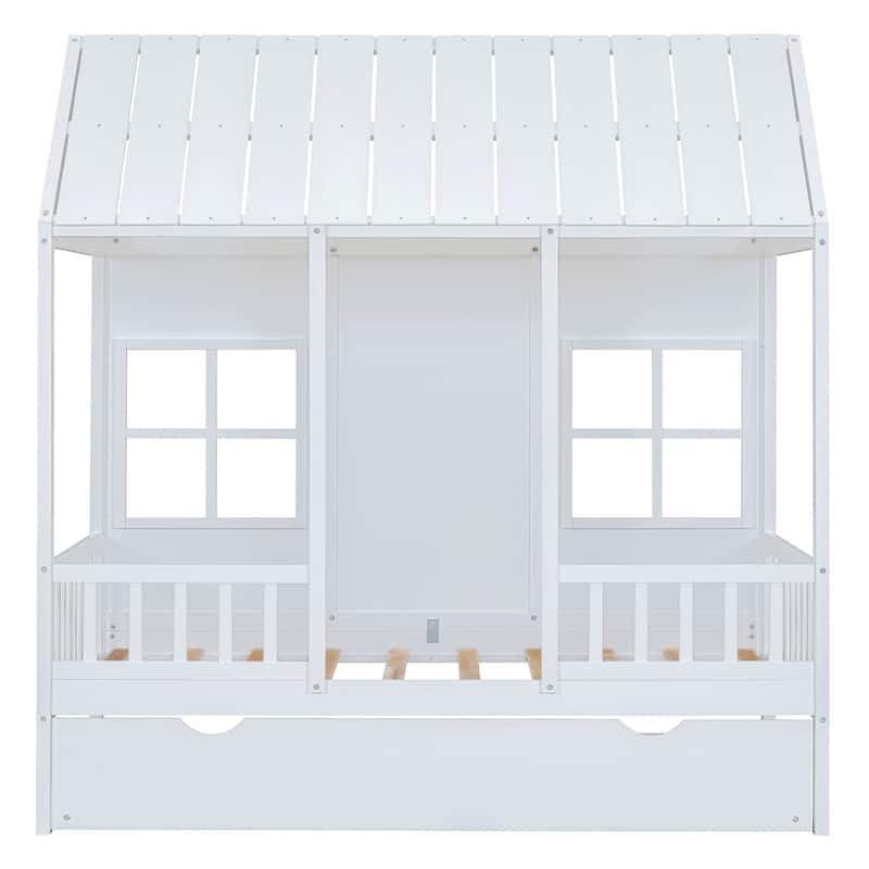 Full Over Twin/Twin Over Twin Wood House Bed, Wooden Bunk Bed with Trundle and Guard Rail for Bedroom