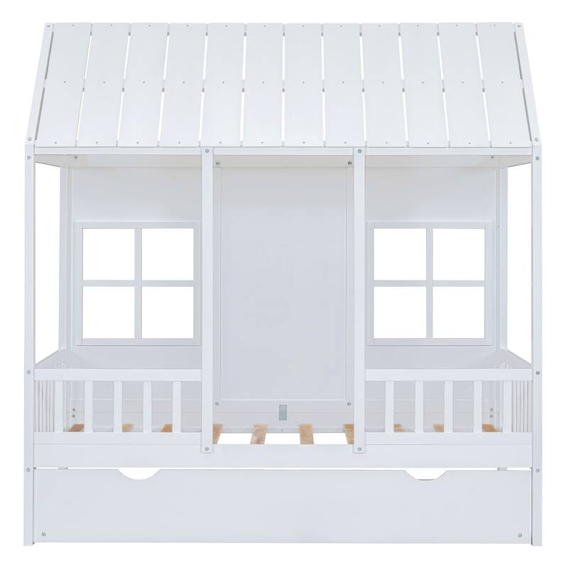 House Platform Bed With Twin Trundle, Wooden Daybed Frame with Rails, Roof and Windows, for Kids Girls Boys