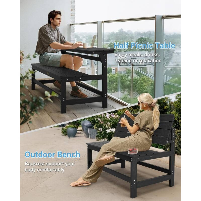 WINSOON All Weather HIPS Outdoor Convertible Bench Picnic Table with Umbrella Hole