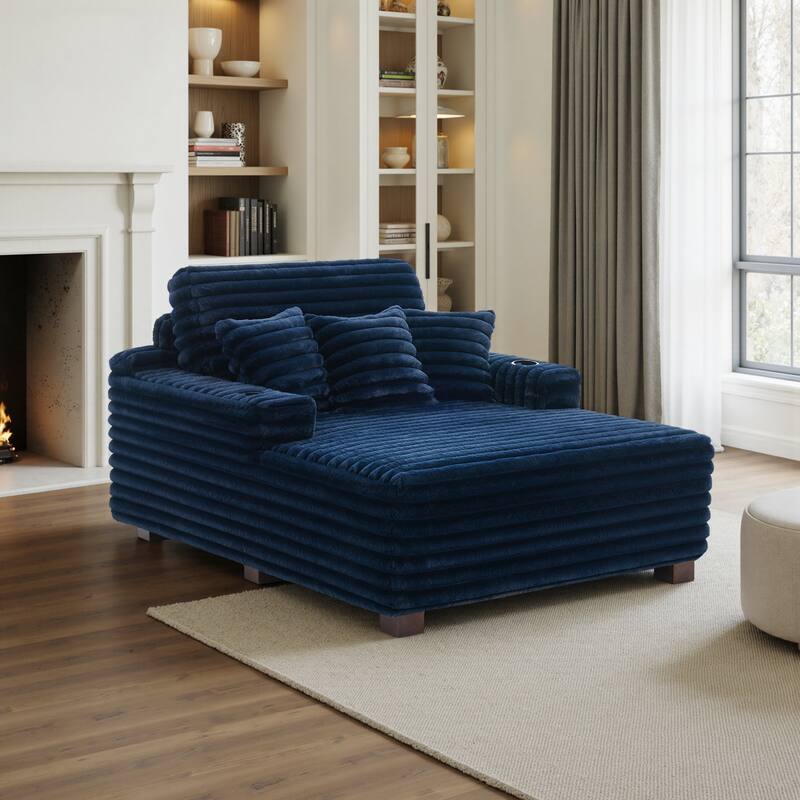 53"W Oversized Plush Fur-Like Chaise Lounge Sofa with Cup Holder - 1-piece - Navy-Single