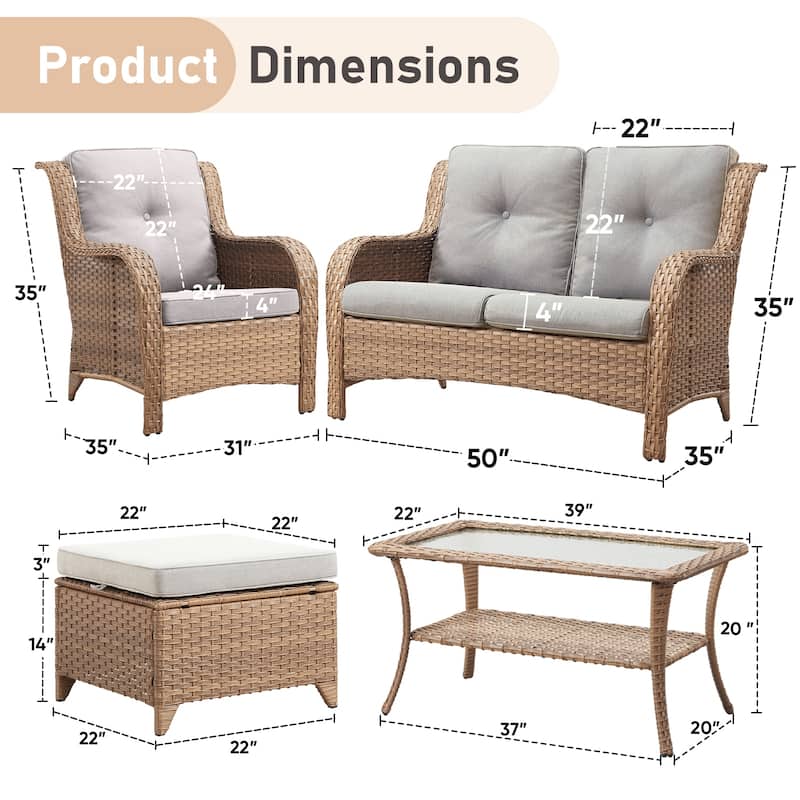 Pocassy 6 Pieces Outdoor 2-Seat Sofa Chairs Table Ottoman