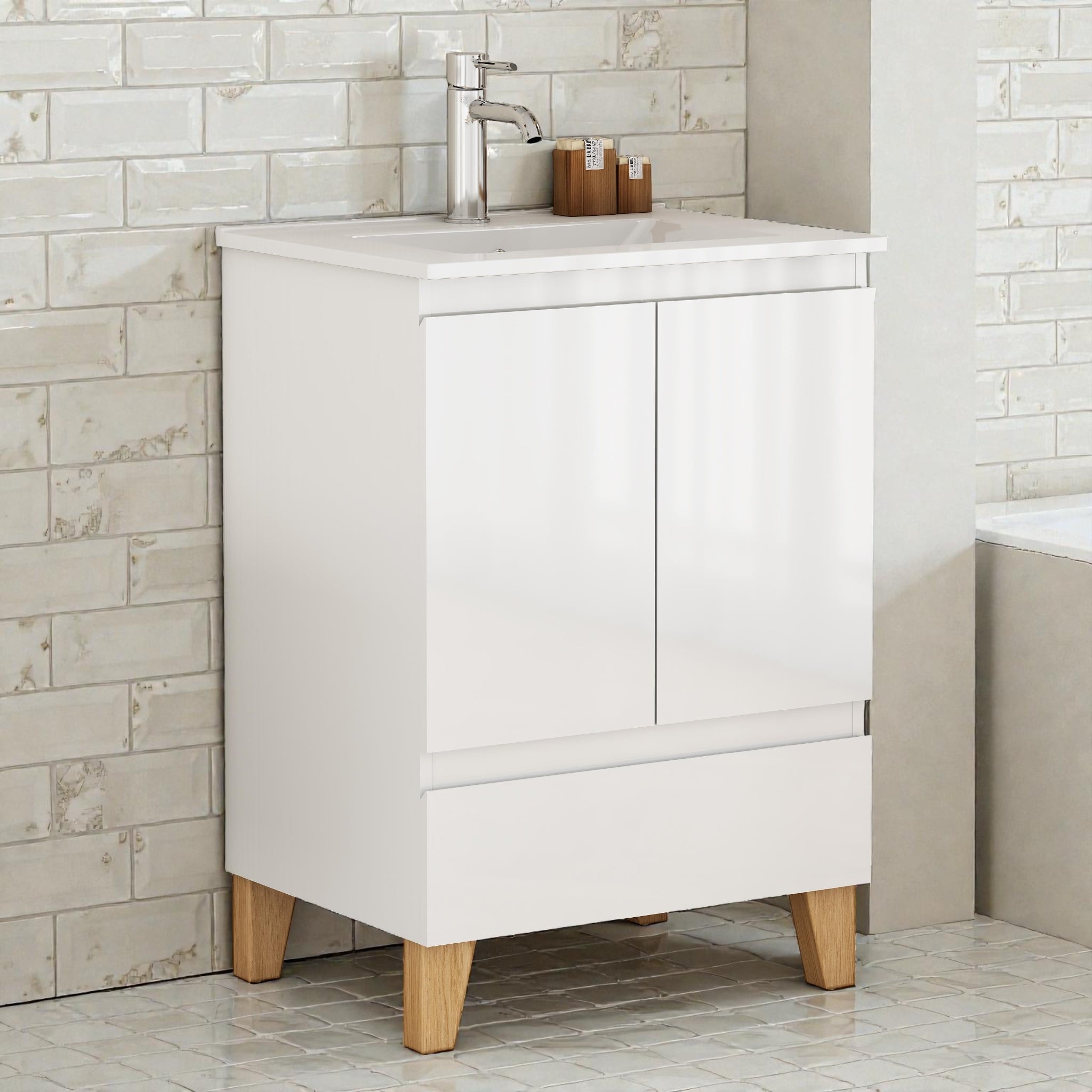 24-Inch Bathroom Vanity with Sink Combo, 2 Doors, 1 Drawer, Soft-Close System, Handle-Free Design, Natural Solid Wood Feet