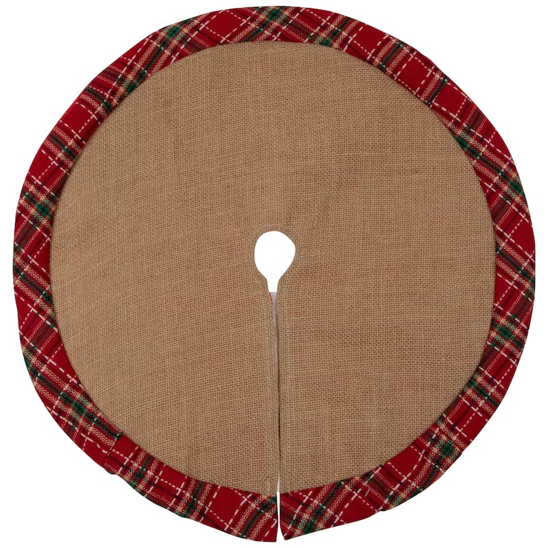 20" Rustic Burlap Mini Christmas Tree Skirt with Red Plaid Border - 20