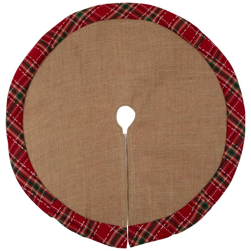 Burlap Mini Christmas Tree Skirt with Red Plaid Border - 20"