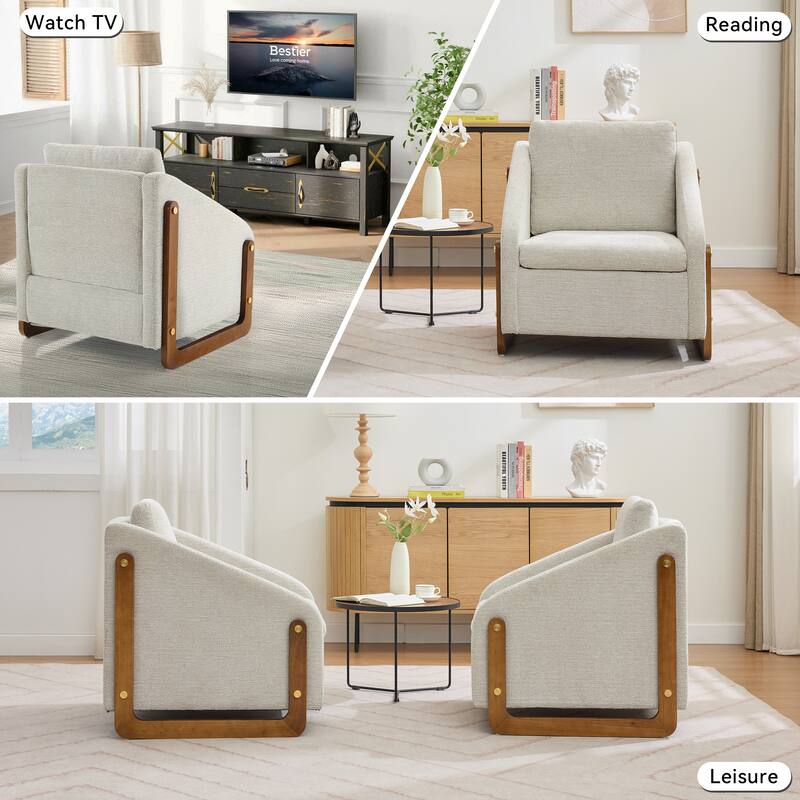 Modern Chenille Upholstered Armchair with Wooden Side Frame, Single Accent Leisure Chair with Backrest for Living Room, Bedroom