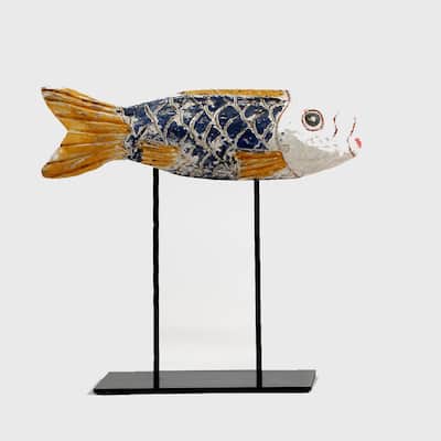Artissance Wooden Carving Fish With Iron Stand, Small, 7 Inch Tall, Multicolor - Small