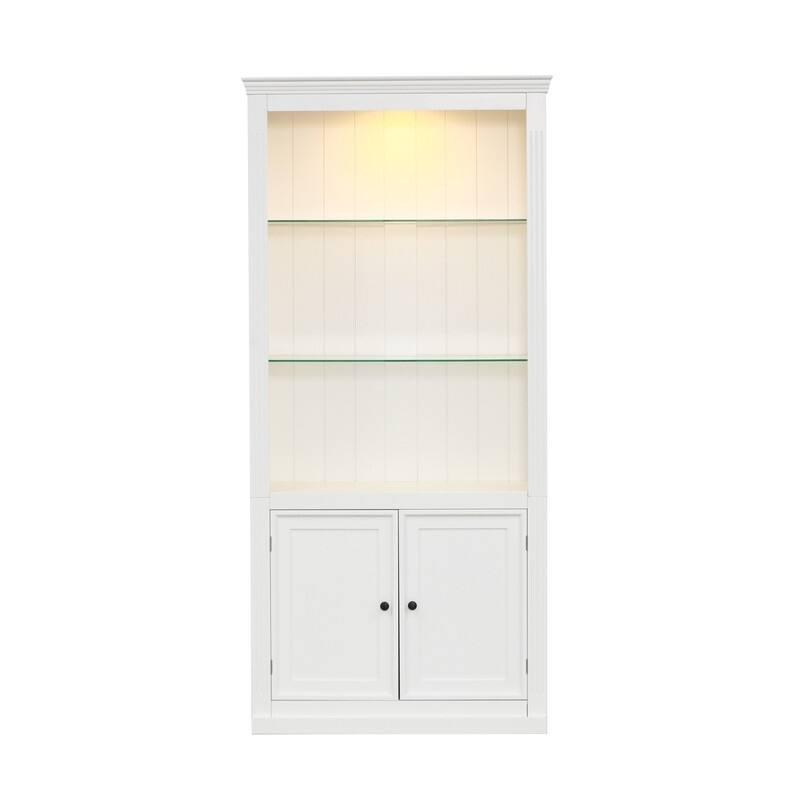 Farmhouse 78.75"Tall 4-Tier Display Shelf with Adjustable Glass Shelves and Dimmable Ceiling Light for Home Decor