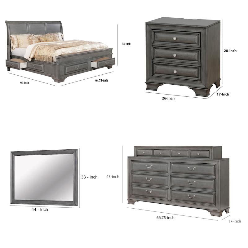 Lio Four Piece Queen Size Bedroom Set, Gray Wood Inlay Design, Nickel Metal Handles