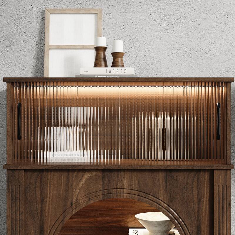 LED Lighted Display Cabinet with Fluted Glass Doors, Wooden Sideboard Buffet Cabinet for Living Room or Dining Room