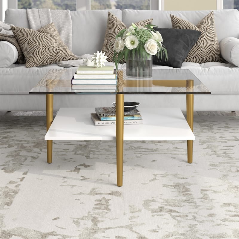 32" Square Modern Coffee Table with Glass Top and Metal Legs Lower Shelf Storage for Living Room - 32"L x 32"W x 17"H