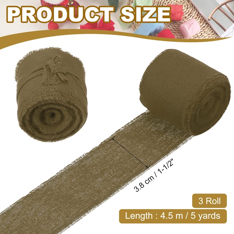 1-1/2"x15 Yd Handmade Fringe Cotton Ribbon Frayed Ribbons 3 Roll - 5Yd - Dark Coffee