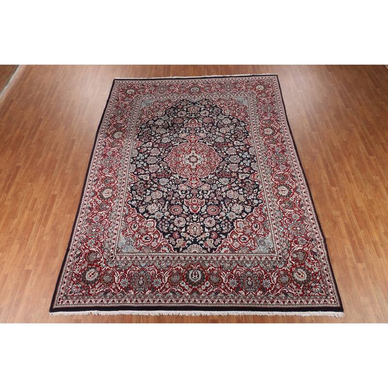 Navy Blue Kashan Turkish Area Rug Machine Made Carpet - 9'5" x 12'9"