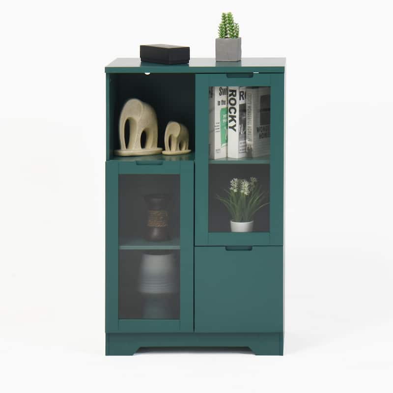 Wooden Floor Cabinet with 2 Glass Doors and 2 Storage Space - Green