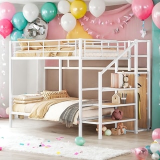 Full over Full Bunk Bed With Lateral Storage Ladder and Wardrobe for Home