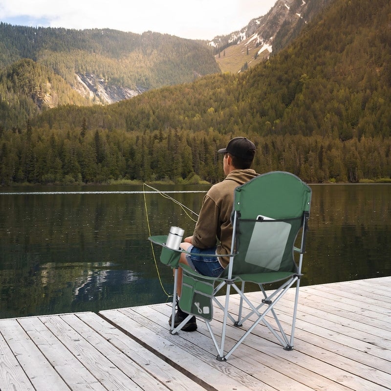 Portable Camping Chair, Lawn Chairs with Armrests, Cooler Bag, Cup Holder & Side Pocket for Outdoor Activities (Green)