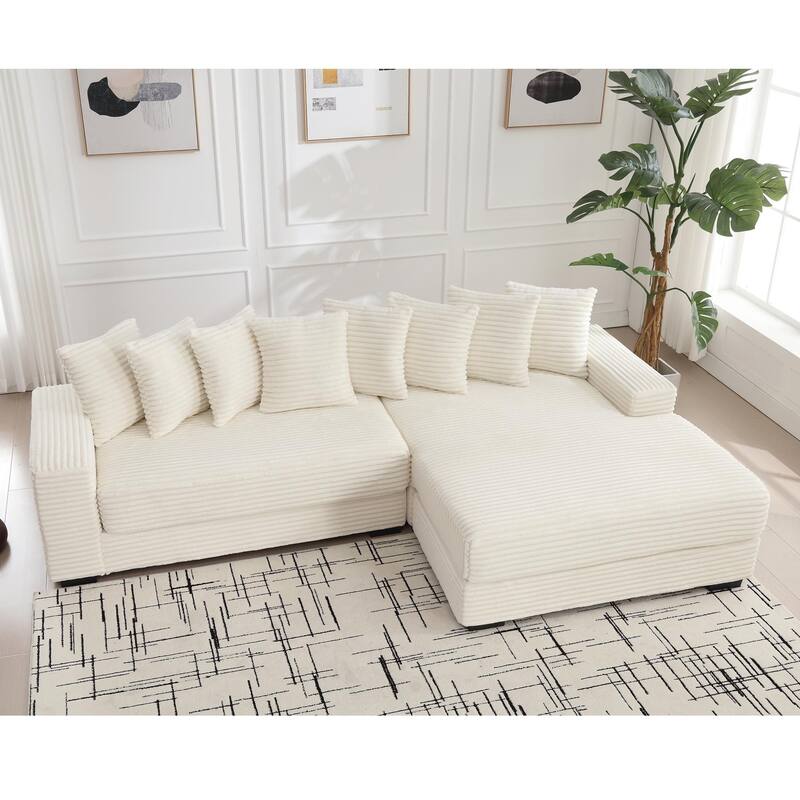 111" Corduroy Upholstered L-Shaped Sectional Sofa with Oversized Right Chaise Longue and 8 Throw Pillows