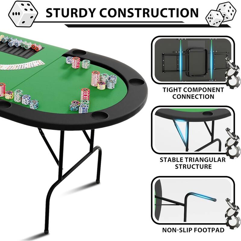 Oval Poker Table with Collapsible Legs, Casino Leisure Table for 10 Players, Blackjack Gaming Table with Water