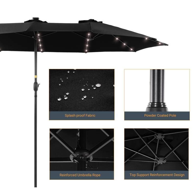 Livoosun 15×9FT LED Double-sided Patio Umbrella with BASE UPF50+ and Handle, and Wind-Resistant Design