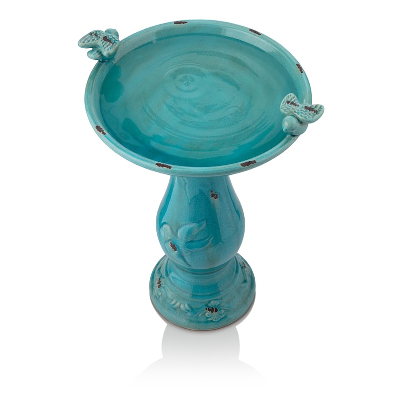 Alpine Corporation 25" Tall Turquoise Antique Ceramic Bird Bath with Two Birds